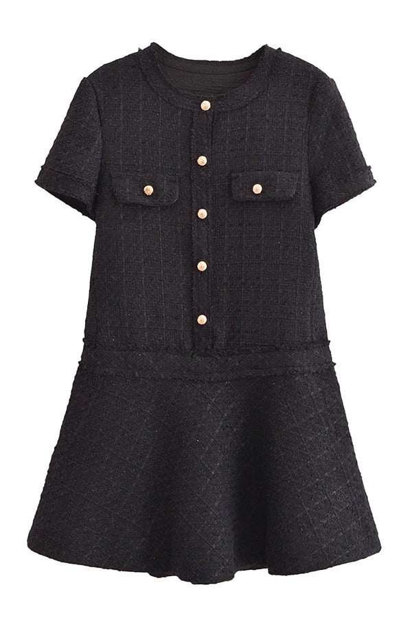 1960er London Girl Tweed Strukturiertes Minikleid mit goldenen Knöpfen und kurzen Ärmeln