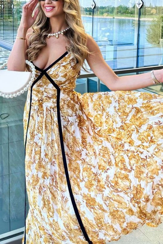 Violettes kontrastierendes, einzigartiges Print-Maxikleid mit plissiertem Rücken und Riemchen