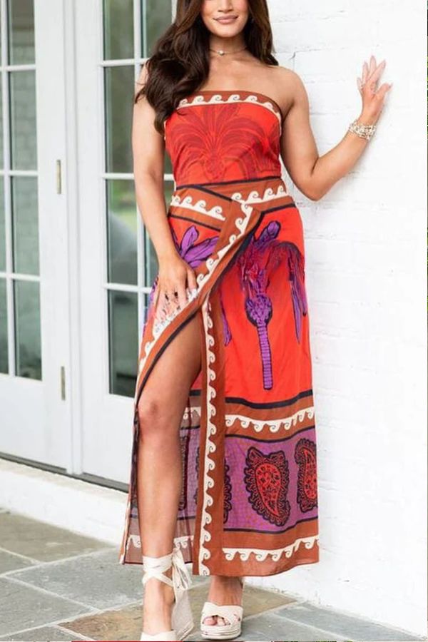 Sexy, dehnbares Tube-Top mit botanischem Blumendruck, hoher Taille und Schlitz im Maxikleid