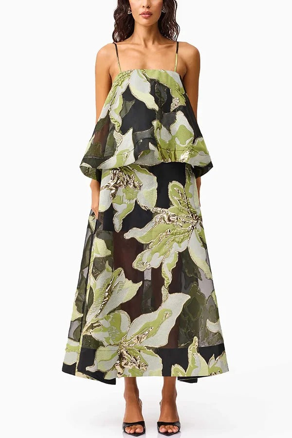 Effortlessly Romantic Floral Print Tiered Slip Square Neck A-line Maxi Dress