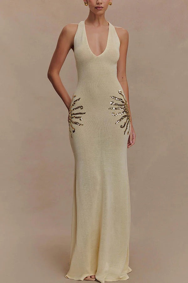 Sparkling Nights Knit Sunburst Sequin Detail Back Cross Straps Stretch Maxi Dress