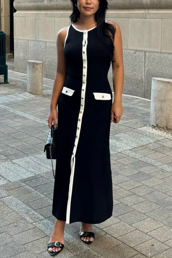 Elegantes Slim Fit Rundhalsausschnitt Ärmelloses Midi-Strickkleid mit Knöpfen