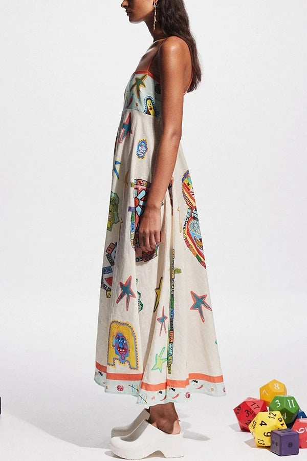 Miami Happy Hour – Midikleid aus Leinenmischung mit einzigartigem Aufdruck, gesmokten Rückentaschen