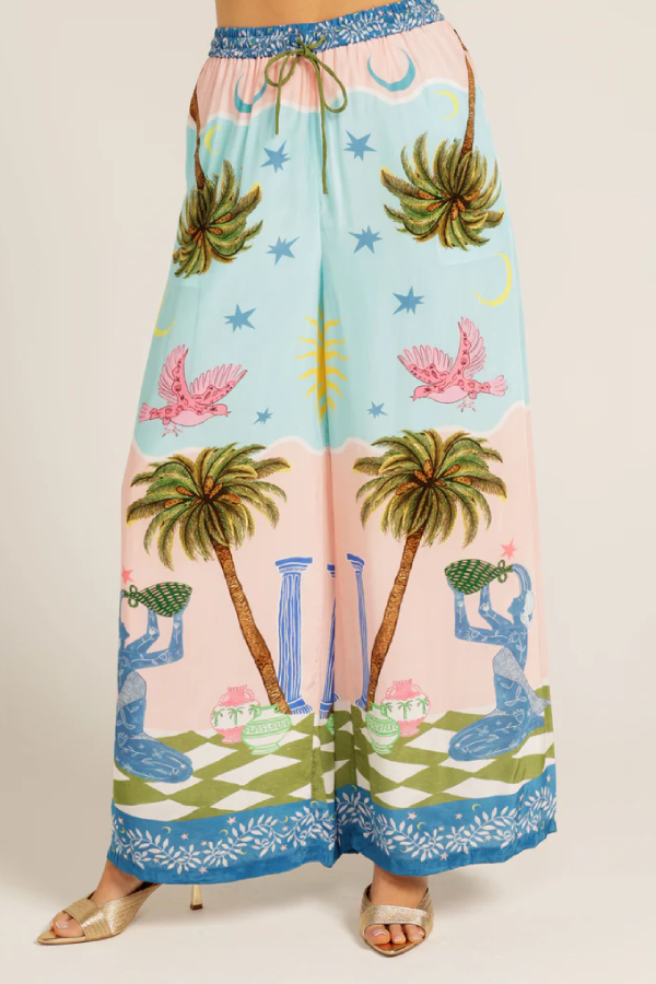 Einzigartige Hose mit weitem Bein und elastischer Tasche im Cree-Ethno-Stil mit handbemaltem Druck