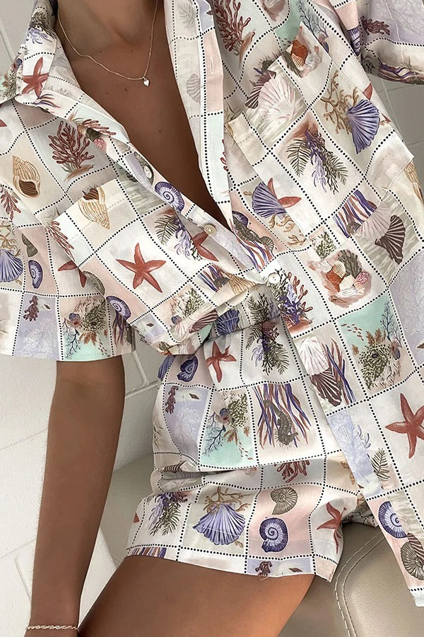 Set aus Leinenmischung mit Muschelmuster und einzigartigem Print, lockerem Hemd mit Knöpfen und Shorts mit elastischer Taille und Tasche