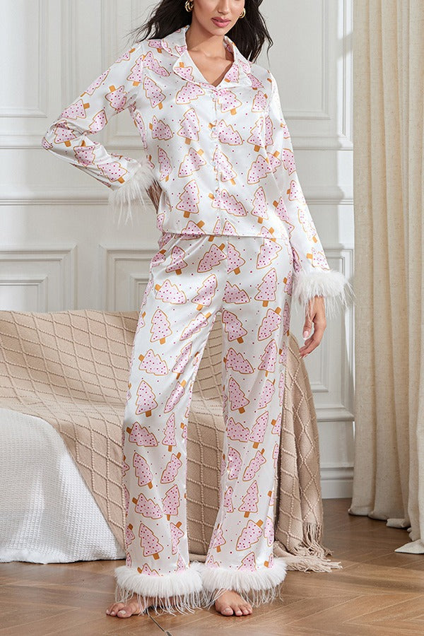 Pyjama-Set mit Weihnachtsdruck, Federbesatz, elastischer Taillentasche