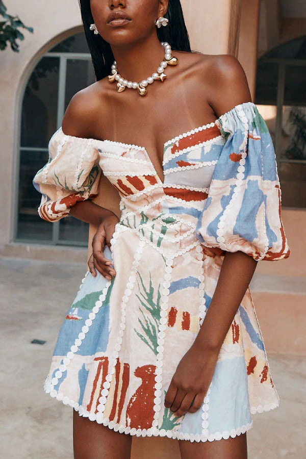 Minikleid mit Puffärmeln und Besatz aus Leinenmischung