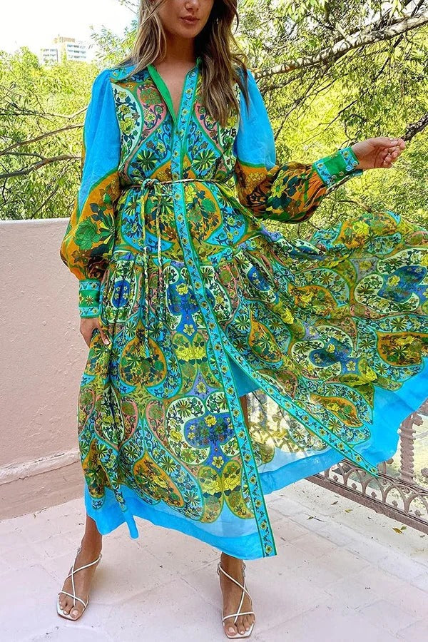 Feeling Butterflies – Mehrfarbiges, einzigartiges Midikleid mit Ballonärmeln und Gürtel