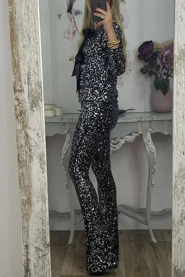 Veste à manches longues en satin avec nœud et sequins Holiday Cheer