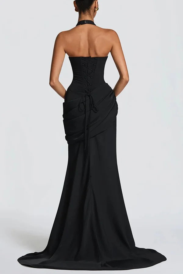 Nehemia Halter V-neck Back Lace-up Asymmetric Pleated Panel Drapes Maxi Dress