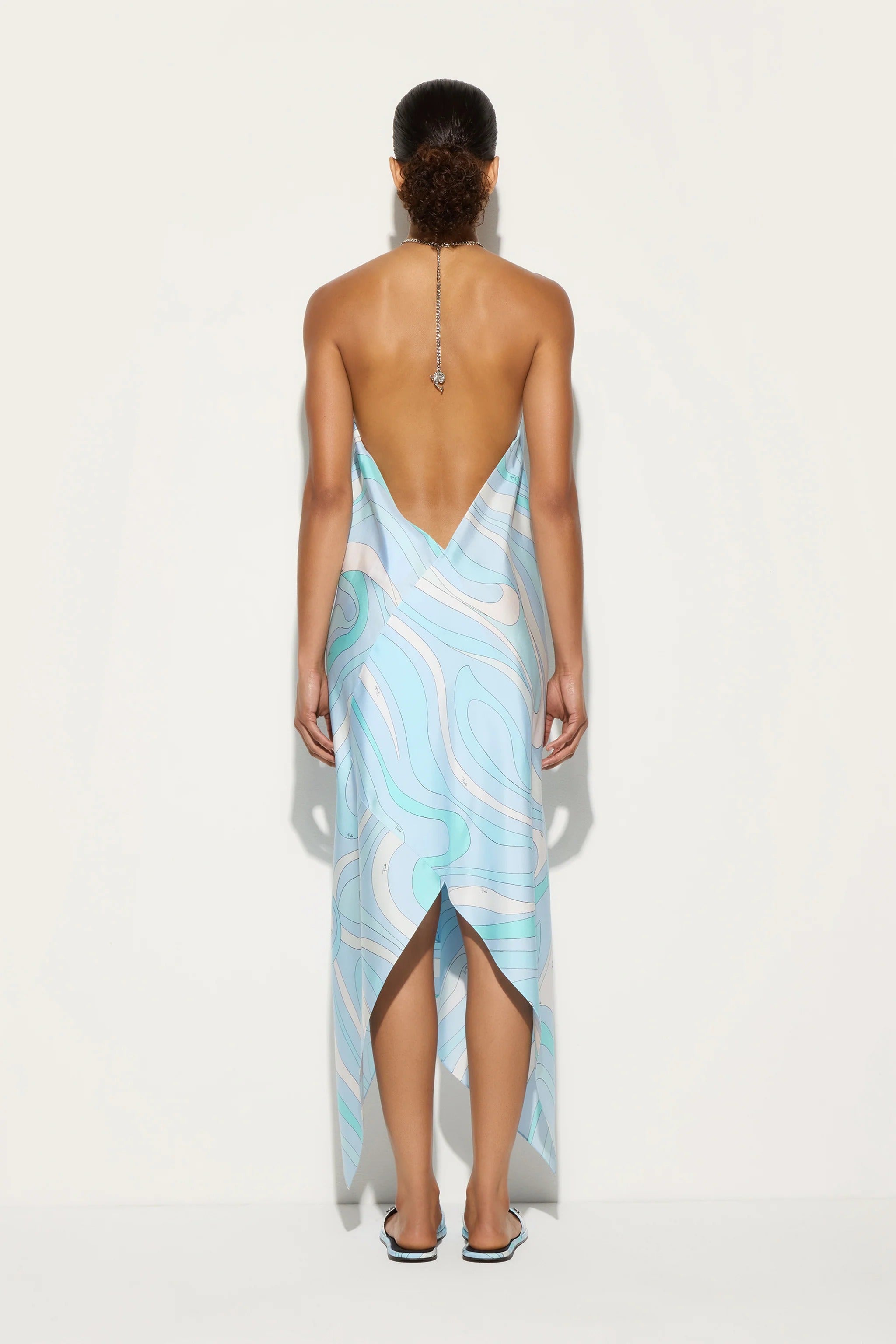 Elmhurst Satin Unique Print Chain Halter Draped Scarf Midi Dress