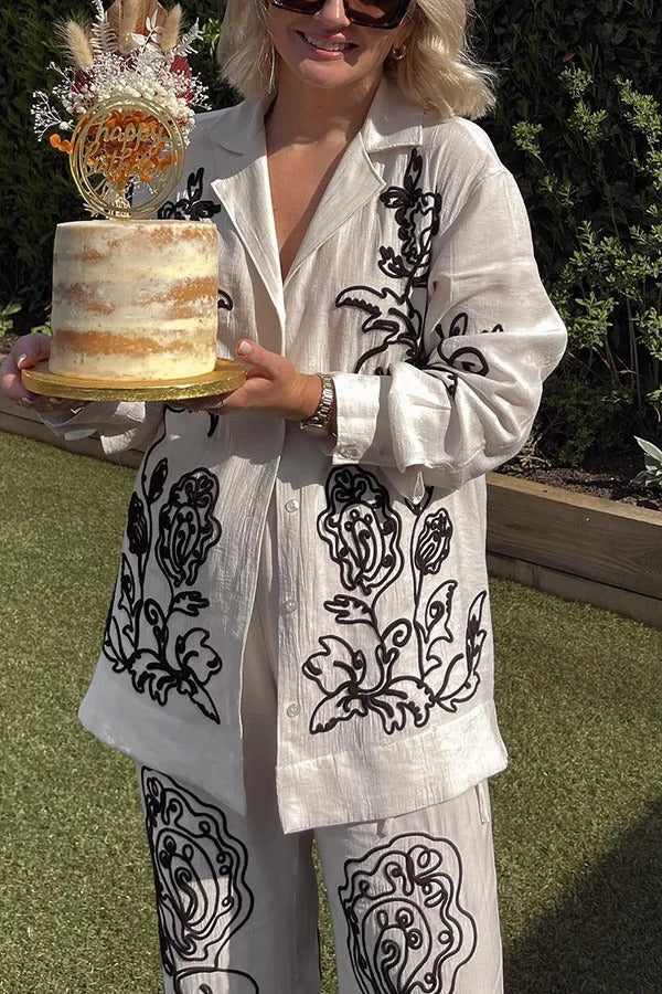 Bella Set aus langärmligem, lockerem Hemd aus Leinenmischung mit besticktem Blumendruck und Hosen mit elastischer Taille und Taschen