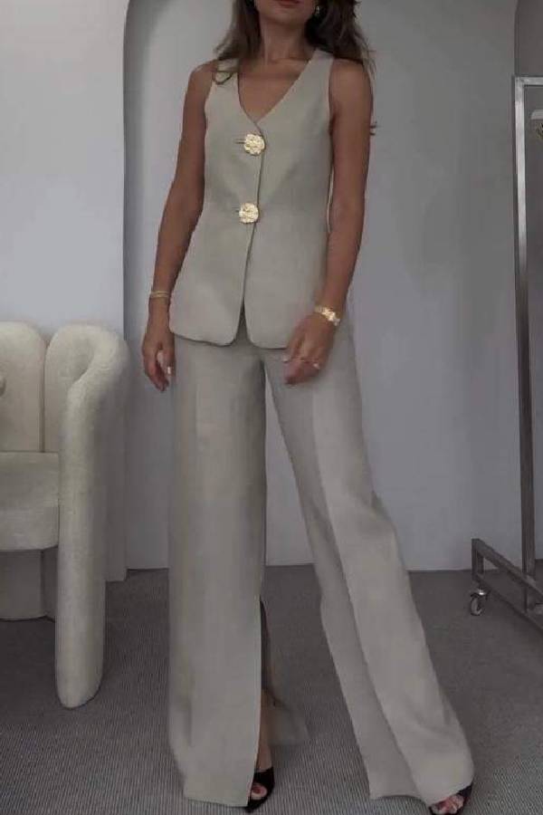 Elegantes, einfarbiges, ärmelloses Weste- und Anzughosen-Zweiteiler-Set