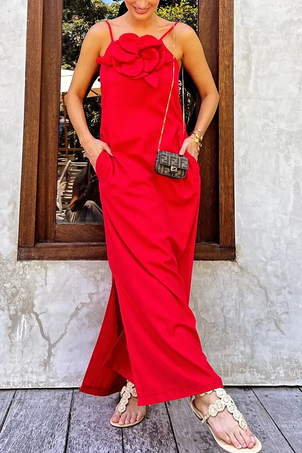 Vacay Ready – Maxikleid aus Leinenmischung mit Blumenverzierung, Taschen und Schlitz