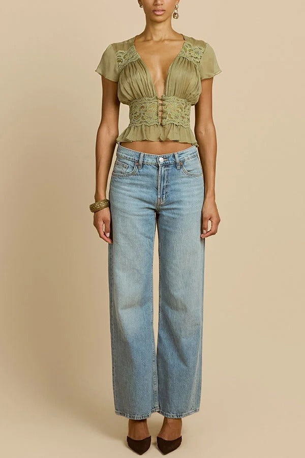 Sabrina Chiffon Lace Trim Button Up Short Sleeve Ruffle Plung Blouse