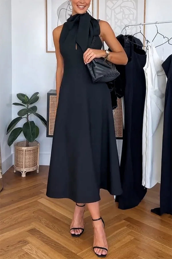 Stilvolles und klassisches, einzigartiges ausgestelltes Midikleid mit Fliege und Taschen