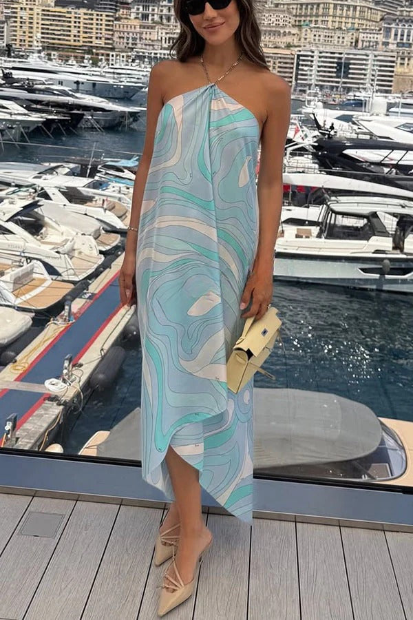 Elmhurst Satin Unique Print Chain Halter Draped Scarf Midi Dress
