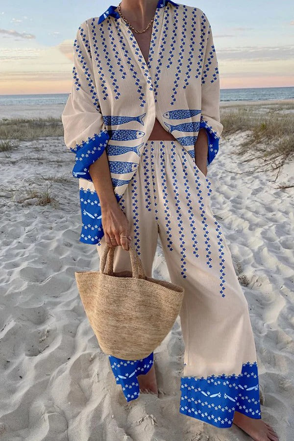 Einzigartiges Set mit Oversize-Hemd mit Ozean-Print und Hose mit elastischer Taille und Taschen