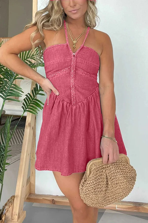 Sexy Neckholder-Minikleid aus Denim mit rückenfreiem Reißverschluss vorne