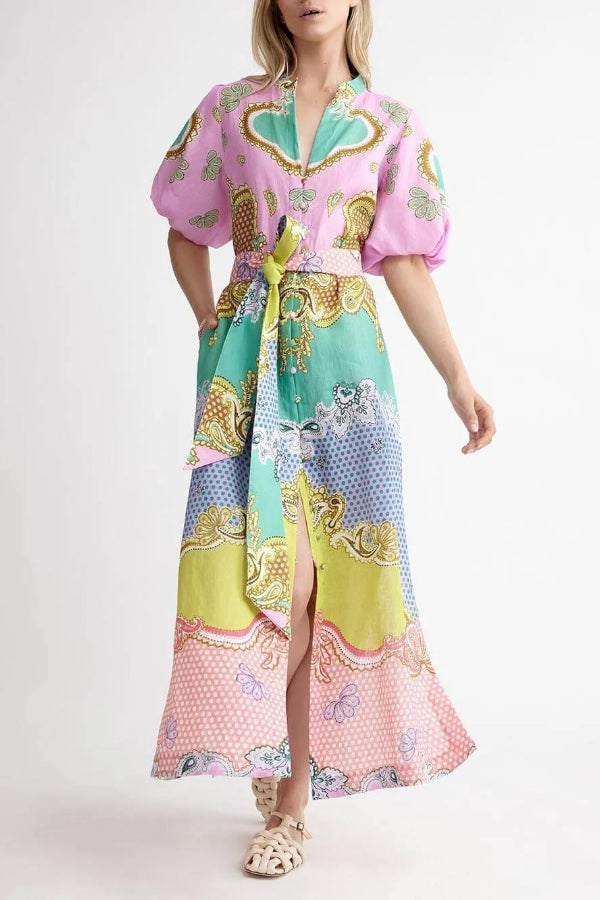 Einzigartiges Maxi-Cardigankleid mit Ethno-Print und Bindebändern