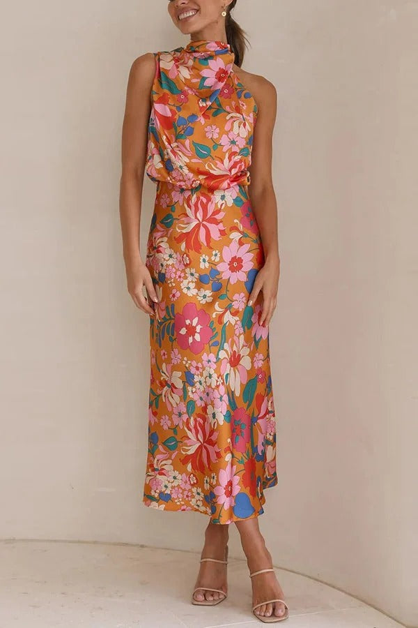 Robe longue fleurie à col licou et taille élastique Fascinating Day