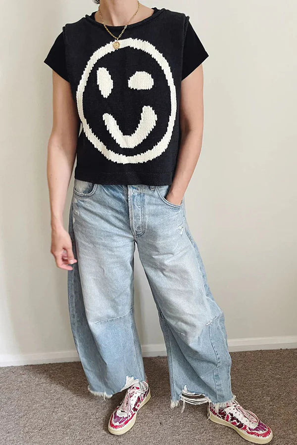 Always Happy Face Strick-Tanktop mit einzigartigem Muster, vielseitig und locker