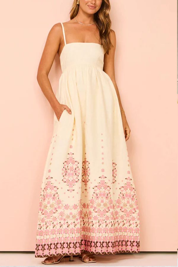 Paradise Flowers – Lockeres Maxikleid aus Leinenmischung mit einzigartigem Druck und Taschenträgern