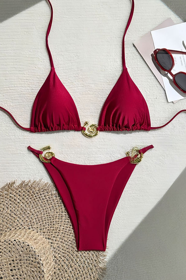 Sexy Neckholder-Bikini-Badeanzug mit Schnürung und Metallic-Stretch