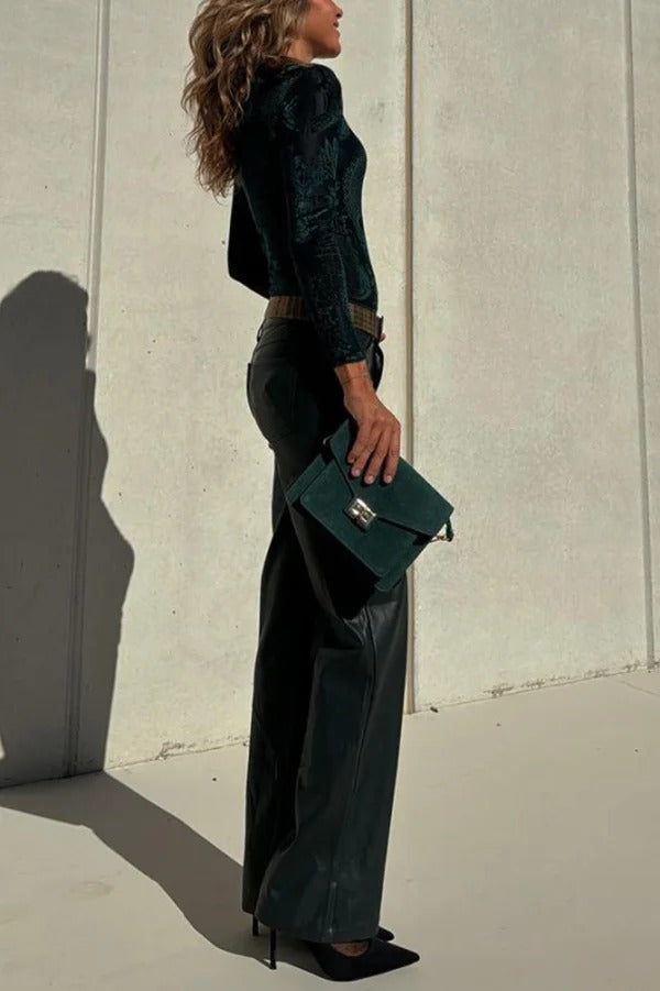 Pantalon droit extensible élégant en similicuir avec poches