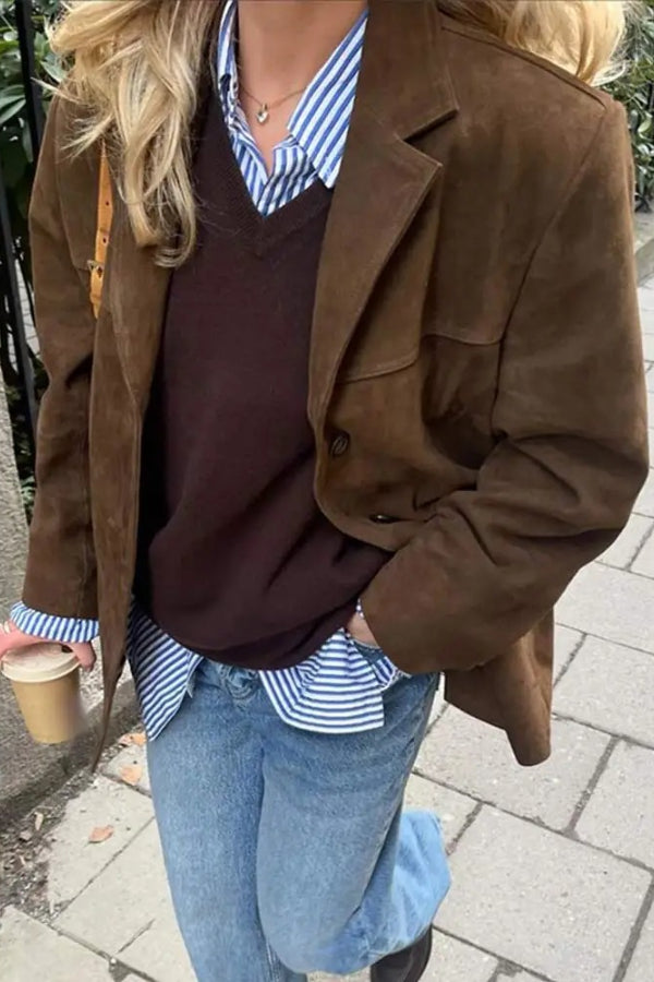 Vintage Revers Langarm Geknöpfte Lose Jacke