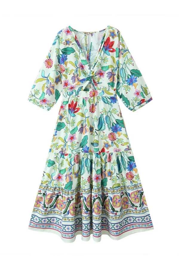 Maxikleid mit botanischem Blumendruck, V-Ausschnitt, Cut-out, Schnürung und elastischer Taille