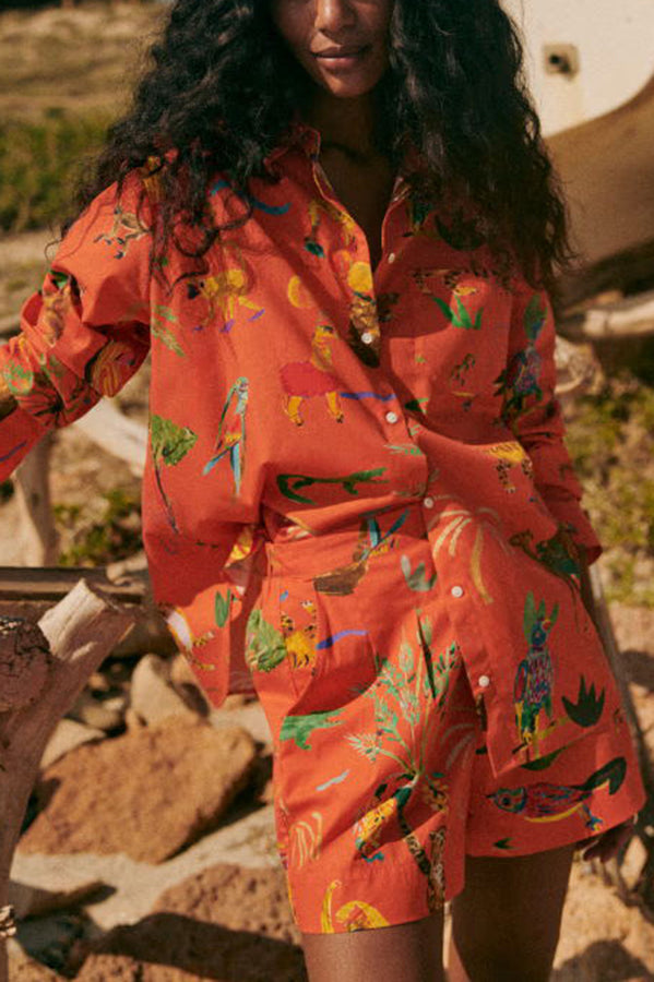Ensemble chemisier à imprimé unique en lin mélangé Jungle Adventure et short à poches à taille élastique dans le dos