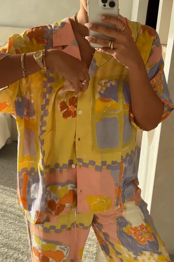 Lässiges zweiteiliges Set mit Ölgemälde-Print