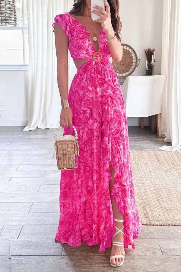 Paisley Print V-Neck Ruffle Cutout Slit Maxi Dress