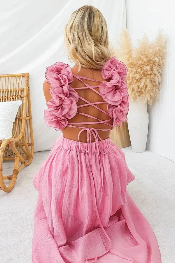 Robe longue de luxe à volants floraux et lacets dans le dos avec taille élastique