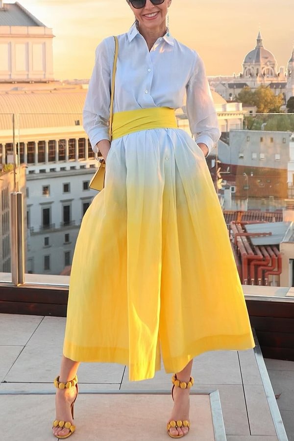 Sunset and City – Midikleid aus Leinenmischung mit Farbverlaufsdruck, breitem Gürtel und Taschen