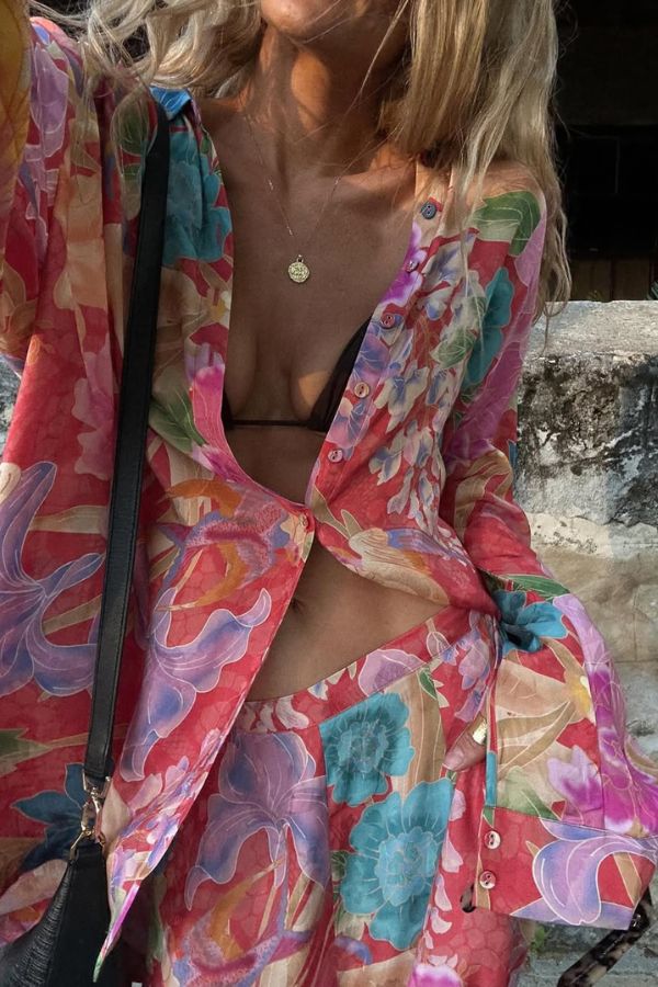 Chemisier décontracté à manches longues et boutons à imprimé floral bohème de Painter's Garden