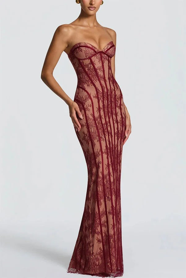 Sian Floral Lace Contrast Structural Detail Back Lace-up Strapless Slit Maxi Dress
