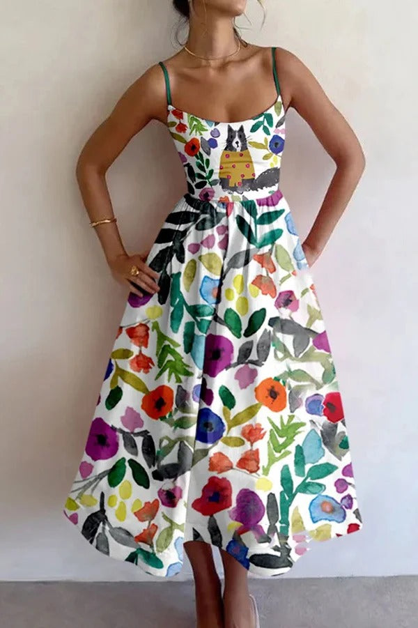 Buntes, einzigartig bedrucktes, sexy, schmales Midikleid mit Hosenträgern