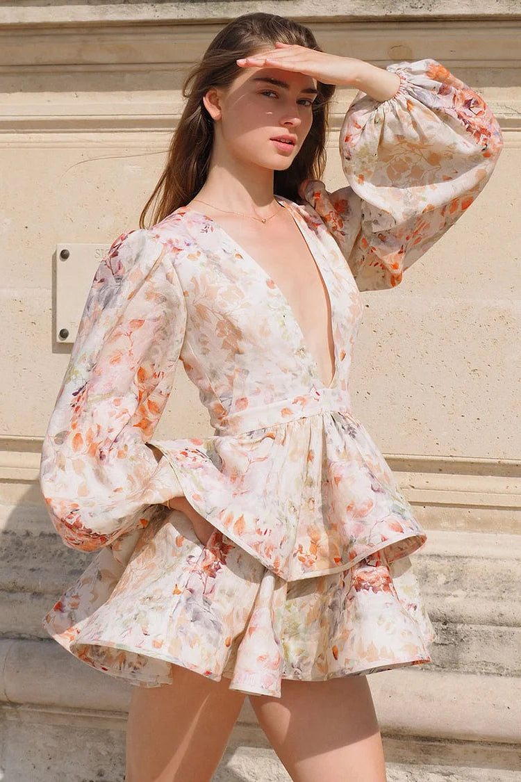 Mini-robes de soirée à volants, imprimé floral, col en V, manches ballon