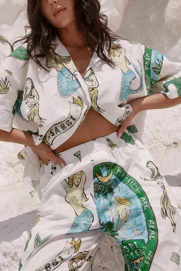 Set aus Hemdoberteil mit Meerjungfrauen-Print aus Leinenmischung und lockerer Hose mit elastischem Bund