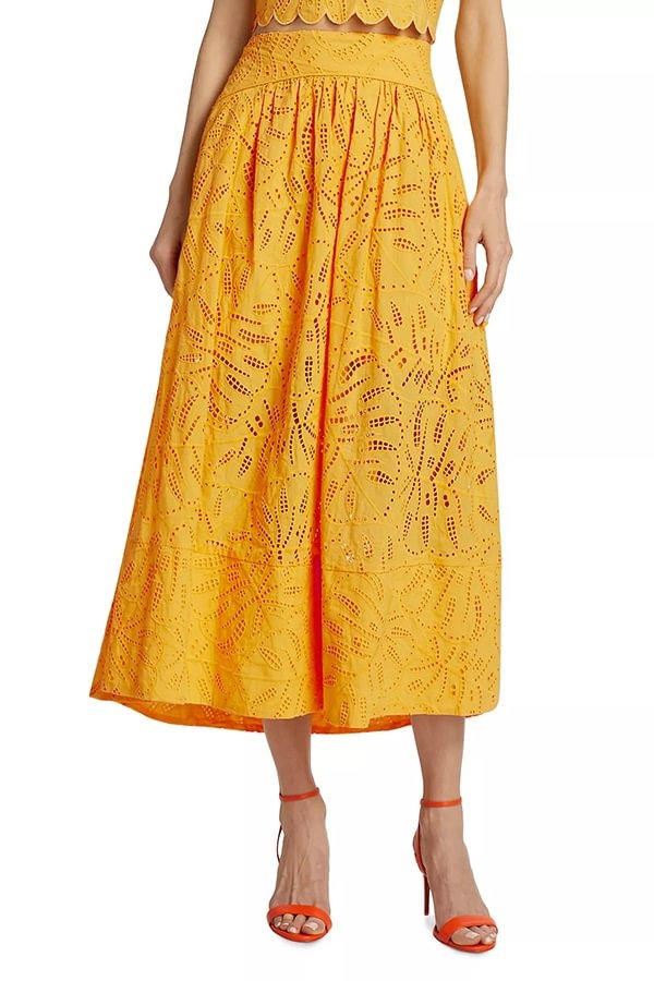 Laylin – Hoch sitzender Midirock mit Cut-outs und Stickereien aus Spitze und Taschen