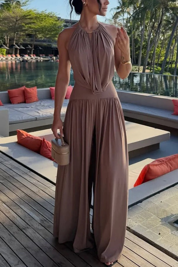 Lightweight Chic Metal Ring Drape Cowl Halter Neck Bodysuit and Elastic Waist Wide Leg Pants Set