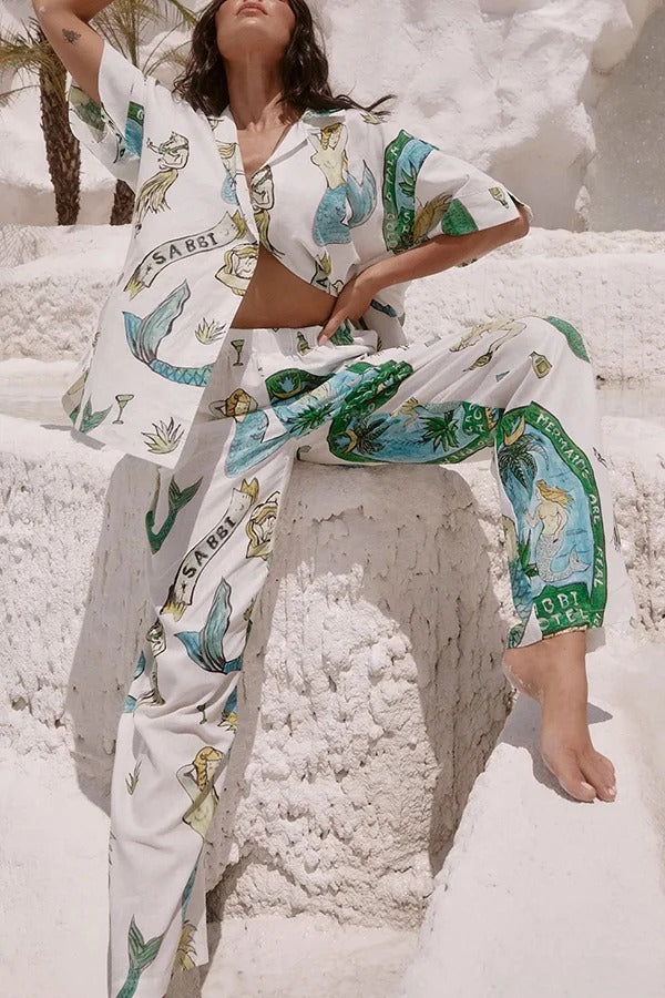 Set aus Hemdoberteil mit Meerjungfrauen-Print aus Leinenmischung und lockerer Hose mit elastischem Bund