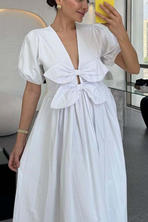 Devon Maxikleid mit doppelter Schleife vorne und Puffärmeln und Taschen