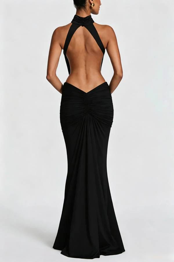 Thekla Stretch Slinky Jersey High Neck Ruched Backless Drape Maxi Dress