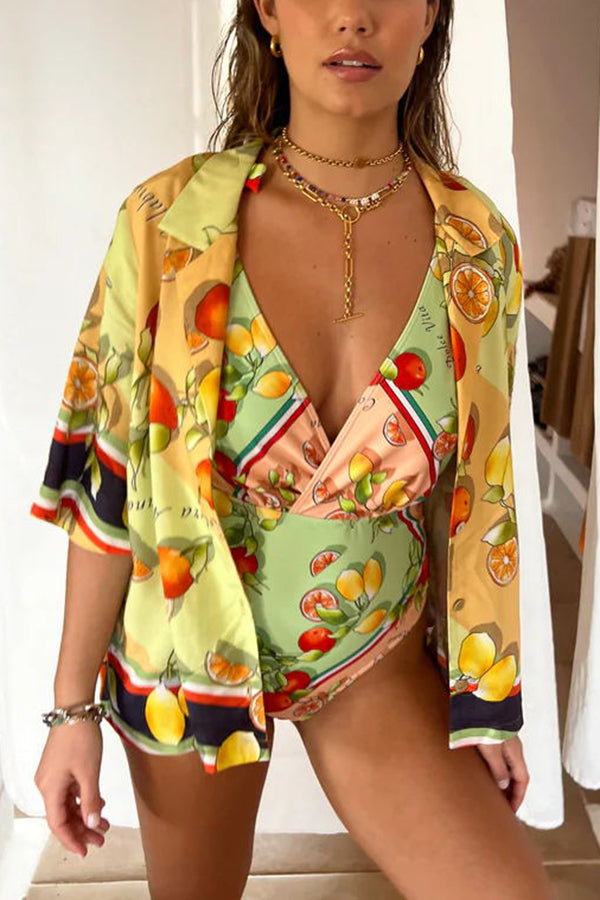 Fruity Citrus – Bedruckte Bluse aus Leinenmischung mit Knopfleiste für den Urlaub