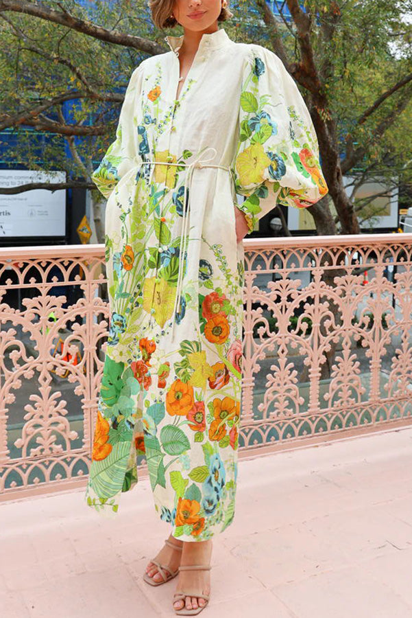 Sommerparty-Midikleid mit Blumendruck, Ballonärmeln, Taschengürtel und Hemd