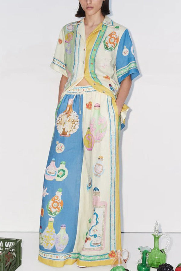 Creating Memories – Hose aus Leinenmischung mit einzigartigem Druck, elastischer Bund und Tasche mit weitem Bein