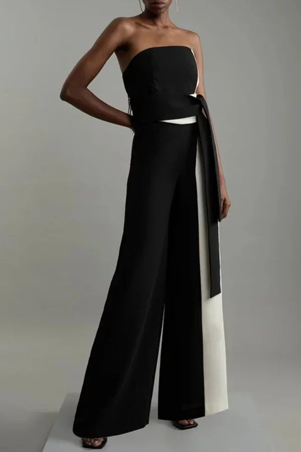 Modischer, formeller Bandeau-Jumpsuit mit weitem Bein und Farbblockdesign